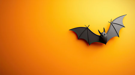 Clean and simple Halloween design featuring a single black bat against a bold orange background, perfect for minimalist decorの素材