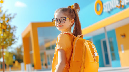 A teenage girl with stylish glasses, standing in front of the school entrance with a backpack, looking ready for the new school year.の素材