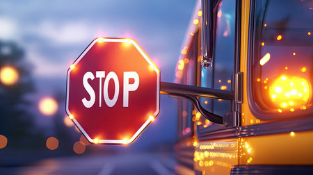 A stop sign attached to the side of a school bus, shown in detail with lights flashing, promoting road safety.の素材