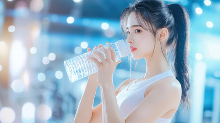 A young Asian woman drinking water from a reusable bottle during a workout session in an urban gym environment.の素材