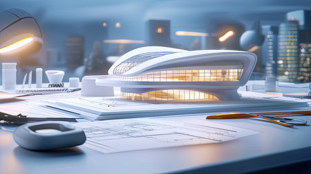Blueprint of a modern building with precise lines and annotations, surrounded by architectural tools in a sleek workspaceの素材