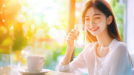A young Asian woman drinking water from a glass, smiling and sitting at a cafa table with bright natural light filtering in.の素材