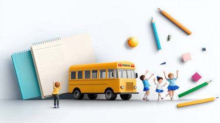 Flyer with a school bus and kids waving, set against a backdrop of pencils and notebooks with text announcing the school reopening.の素材