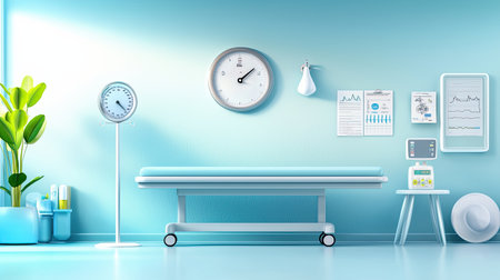 Doctor's office interior with an exam table, medical charts, and equipment like a blood pressure monitor and scale.の素材