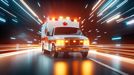Frontal view of an ambulance speeding down the road with lights flashing, showcasing a sense of urgency.の素材
