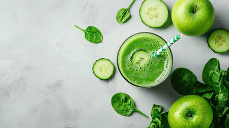 Fresh green smoothie made from spinach, apple, and cucumber, in a glass with fresh greens scattered around, evoking vitalityの素材