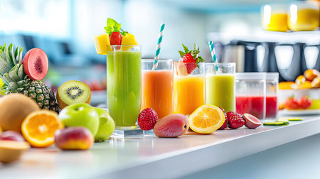 Colorful juice bar with an array of fresh fruits, juices, and smoothies on display, creating a refreshing, vibrant atmosphereの素材