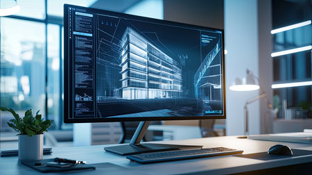 CAD construction drawing of a multi-story building, displayed on a large monitor in a professional engineering officeの素材