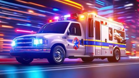 Paramedics rushing a patient into a 911 ambulance, with lights and sirens on, the scene full of urgency and action.の素材