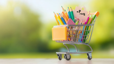 Close-up of a shopping cart filled with school supplies like rulers, pencils, and erasers, with a sale sign visible.の素材