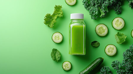 Vibrant green juice in a glass bottle, surrounded by fresh kale and cucumber slices, representing a healthy, refreshing lifestyleの素材