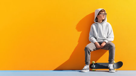 Teen boy wearing a hoodie and carrying a skateboard, casually leaning against a school wall, ready for a new academic year.の素材
