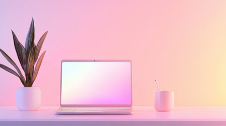 Sleek laptop on a minimalist desk setup, with a soft glow from the screen, representing modern workspaces and digital productivityの素材