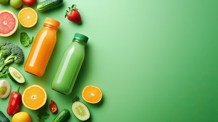 Healthy juice bottles in vibrant green and orange, with fresh fruits and vegetables around them, creating a fresh and healthy vibeの素材