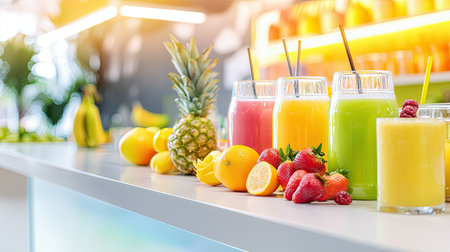 Vibrant juice bar with fresh tropical fruits and healthy juice options displayed on the counter, ideal for a healthy living themeの素材