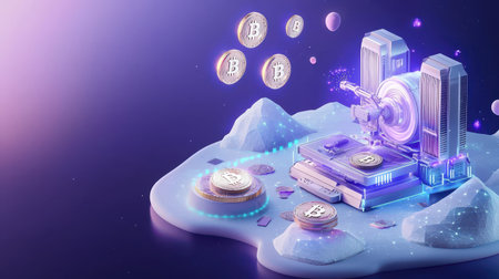 Isometric mining rigs with cryptocurrency coins hovering above, symbolizing the process of crypto mining in a digital landscape.の素材