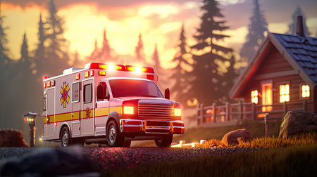 Front view of an ambulance in a rural area, ready for action with the sirens off but lights on.の素材