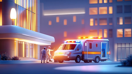Hospital workers rushing to receive a patient from an ambulance outside a city hospital, the ambulance's lights still flashing.の素材