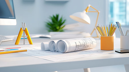 Rolled blueprints and architectural sketches scattered across a modern desk, symbolizing construction planning and designの素材