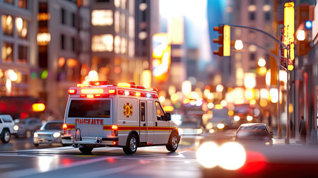 View of an ambulance driving through a crowded urban street, navigating through traffic with urgency.の素材