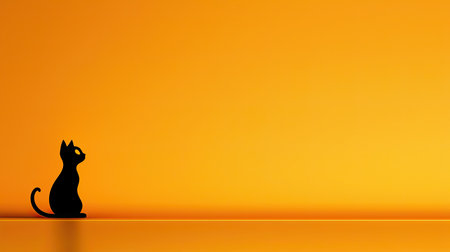 Minimalist Halloween scene with a spooky black cat silhouette sitting on a plain orange background, evoking a simple, eerie atmosphereの素材