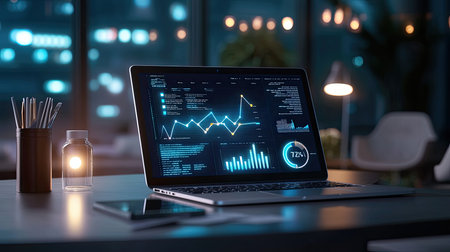 Open laptop PC with digital charts on screen, sleek modern desk setup with office supplies and glowing lightsの素材