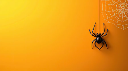 Simple Halloween design with a black spider hanging from a web against a solid orange background, perfect for minimalist decorationsの素材