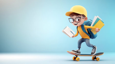 Teen boy riding a skateboard to school with his backpack and textbooks, embracing the laid-back vibe of school life.の素材