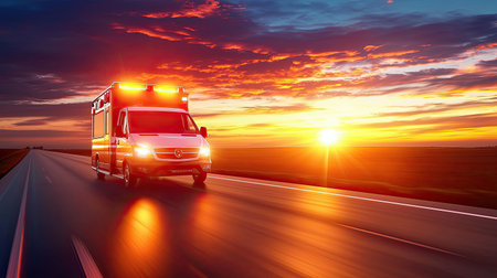 High-speed ambulance driving down an empty rural highway at dusk, lights flashing against the setting sun.の素材