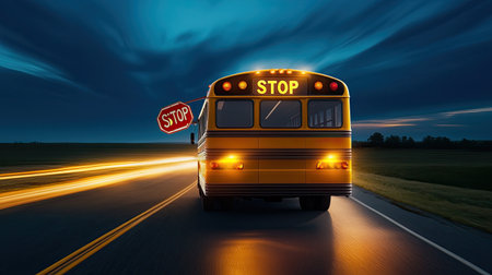 The back view of a school bus driving down an empty road, with the rear lights on and the "STOP" sign extended.の素材