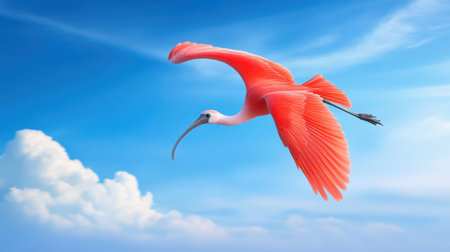A rare scarlet ibis in flight, its red wings spread wide against a bright blue sky.の素材