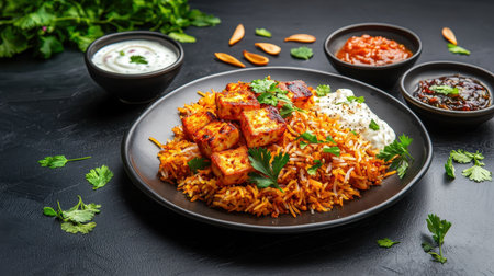 A delicious plate of paneer biryani, served with raita and chutney, garnished with fresh herbs and crispy fried onions, ready for a festive meal.の素材