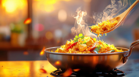 Paneer biryani being served hot from a large pot, with visible steam rising and the aromatic spices filling the air.の素材