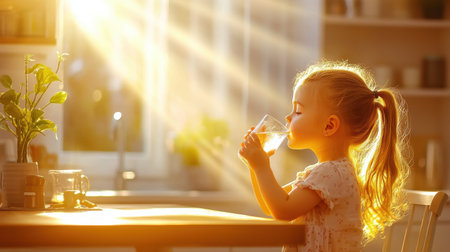 A little girl drinking water from a glass while sitting at the kitchen table, with bright morning light streaming in.の素材