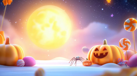 A lively cartoon Halloween background featuring pumpkins, candy, and cute spiders against a bright full moon and a starry sky.の素材