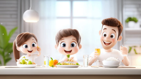 A family sitting at a dinner table, each with a glass of water, enjoying a healthy meal together.の素材