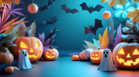 Neon-lit Halloween party scene with glowing decorations like pumpkins, ghosts, and bats illuminating the room in bright, vivid colors.の素材