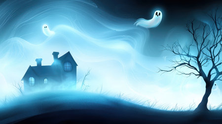 A moody watercolor Halloween background with haunted house silhouettes, swirling mist, and ghostly figures floating in the air.の素材