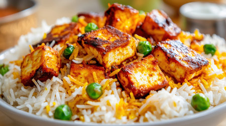 A close-up of paneer biryani, with chunks of paneer marinated in spices and nestled among fluffy, fragrant basmati rice.の素材