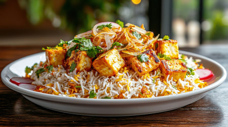 A side view of a colorful biryani dish topped with golden paneer cubes, fresh coriander, and fried onions, served on a traditional Indian plate.の素材