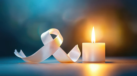 A mental health ribbon draped over a lit candle, symbolizing remembrance and advocacy for mental health causes.の素材