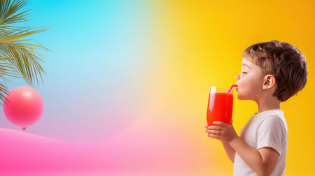 A child drinking a bright red fruit juice from a straw, with a happy, joyful expression, set against a playful, colorful background.の素材