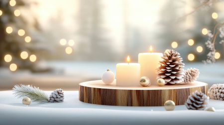 Wooden Christmas table with candles softly glowing, surrounded by natural decor like pine garlands, snow-dusted pinecones, and rustic wooden ornaments.の素材