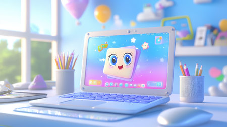 A cartoon laptop with animated tools like a bouncing notepad and talking mouse, bringing a workspace to life in a fun, colorful way.の素材