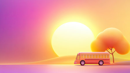 A stylized graphic of a school bus driving into a sunset, with smooth gradients and soft colors, symbolizing the end of the school day.の素材