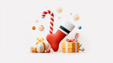 Whimsical social post featuring holiday icons like candy canes, stockings, and presents, with a cheerful greeting message.の素材