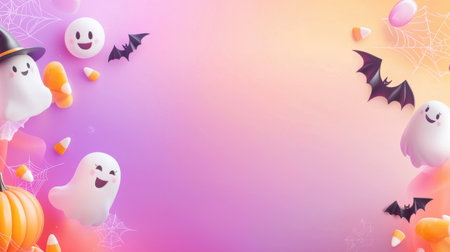 A pastel Halloween background with soft tones of orange, pink, and purple, featuring cute witches, friendly bats, and candy corn scattered throughout.の素材