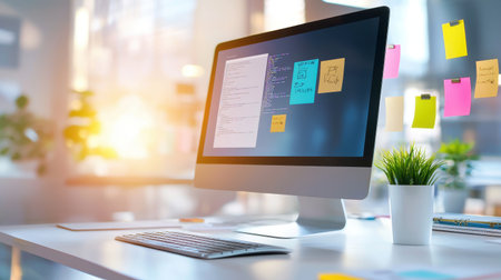A clean, modern desktop computer in a tech startup office, with notes and sketches pinned to the wall behind, representing innovation and creativity.の素材