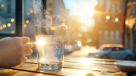 A person drinking water at a sunny outdoor cafa, with condensation on the glass and a cityscape in the background.の素材
