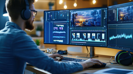 A person in a creative workspace, editing a video on a desktop computer, with color grading tools open and headphones nearby.の素材